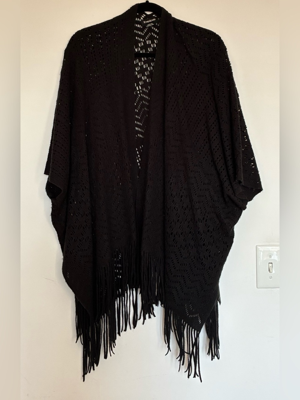 Vintage bebe Black Fringe Knit Poncho Sweater one size